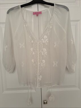 Under Skies White Sheer Embroidered Peasant Blouse with Tassel Ties